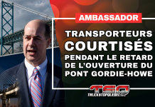 Pont Ambassador : des transporteurs courtisés pendant le retard du pont Gordie-Howe Le pont Ambassador et le pont Gordie-Howe avec Matthew Moroun, sur un visuel annonçant que des transporteurs auraient été courtisés pendant le retard de l’ouverture du nouveau pont.