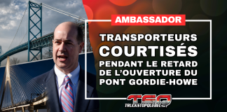 Pont Ambassador : des transporteurs courtisés pendant le retard du pont Gordie-Howe Le pont Ambassador et le pont Gordie-Howe avec Matthew Moroun, sur un visuel annonçant que des transporteurs auraient été courtisés pendant le retard de l’ouverture du nouveau pont.