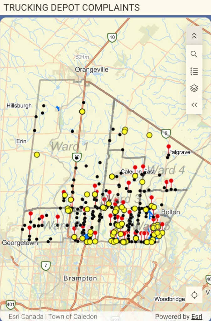 Carte des plaintes concernant les cours de camionnage illégales à Caledon.