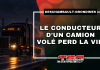 Un conducteur de camion perd la vie dans une sortie de route sur l’autoroute 40 Camion sur l'autoroute, et texte qui nous apprend qu'un conducteur de camion (volé) est décédé après une sortie de route sur l’autoroute 40 à Deschambault-Grondines, le 19 octobre 2026.