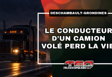 Un conducteur de camion perd la vie dans une sortie de route sur l’autoroute 40 Camion sur l'autoroute, et texte qui nous apprend qu'un conducteur de camion (volé) est décédé après une sortie de route sur l’autoroute 40 à Deschambault-Grondines, le 19 octobre 2026.