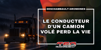 Un conducteur de camion perd la vie dans une sortie de route sur l’autoroute 40 Camion sur l'autoroute, et texte qui nous apprend qu'un conducteur de camion (volé) est décédé après une sortie de route sur l’autoroute 40 à Deschambault-Grondines, le 19 octobre 2026.