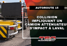 Collision impliquant un camion atténuateur d’impact à Laval Camion atténuateur d’impact sur un chantier routier, accompagné d’un visuel de Truck Stop Québec annonçant une collision ayant fait deux blessés sur l’autoroute 15 à Laval.
