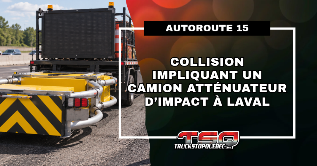 Camion atténuateur d’impact sur un chantier routier, accompagné d’un visuel de Truck Stop Québec annonçant une collision ayant fait deux blessés sur l’autoroute 15 à Laval.