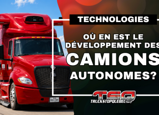 Camions autonomes : Aurora, Kodiak et Volvo accélèrent leurs projets aux États-Unis Camion lourd autonome rouge d’Aurora Innovation circulant sur une autoroute américaine. Le visuel de Truck Stop Québec présente les avancées technologiques des camions autonomes (sans conducteur) en Amérique du Nord.
